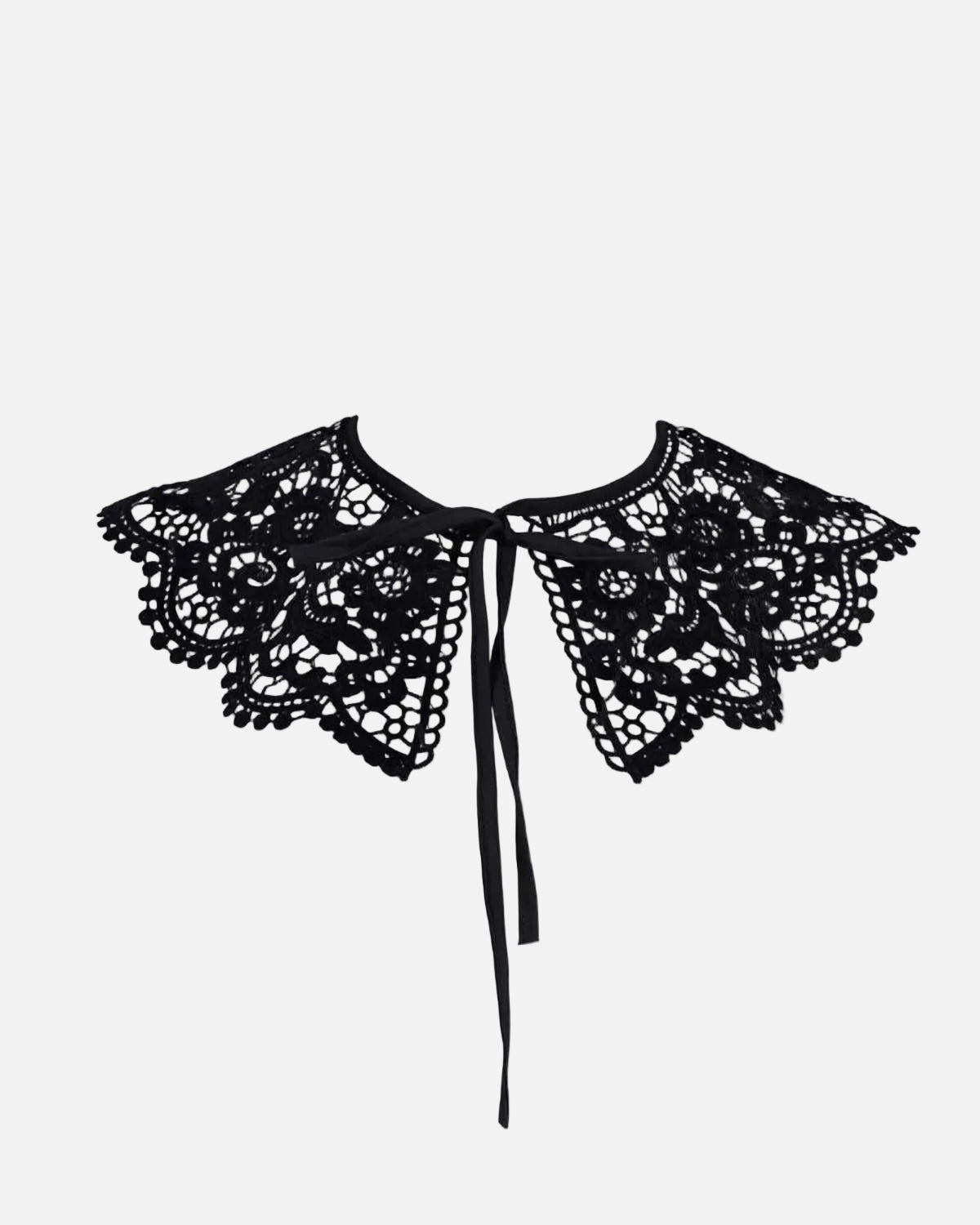 Black lace collar with long tie ribbons, displayed flat against a solid white background.