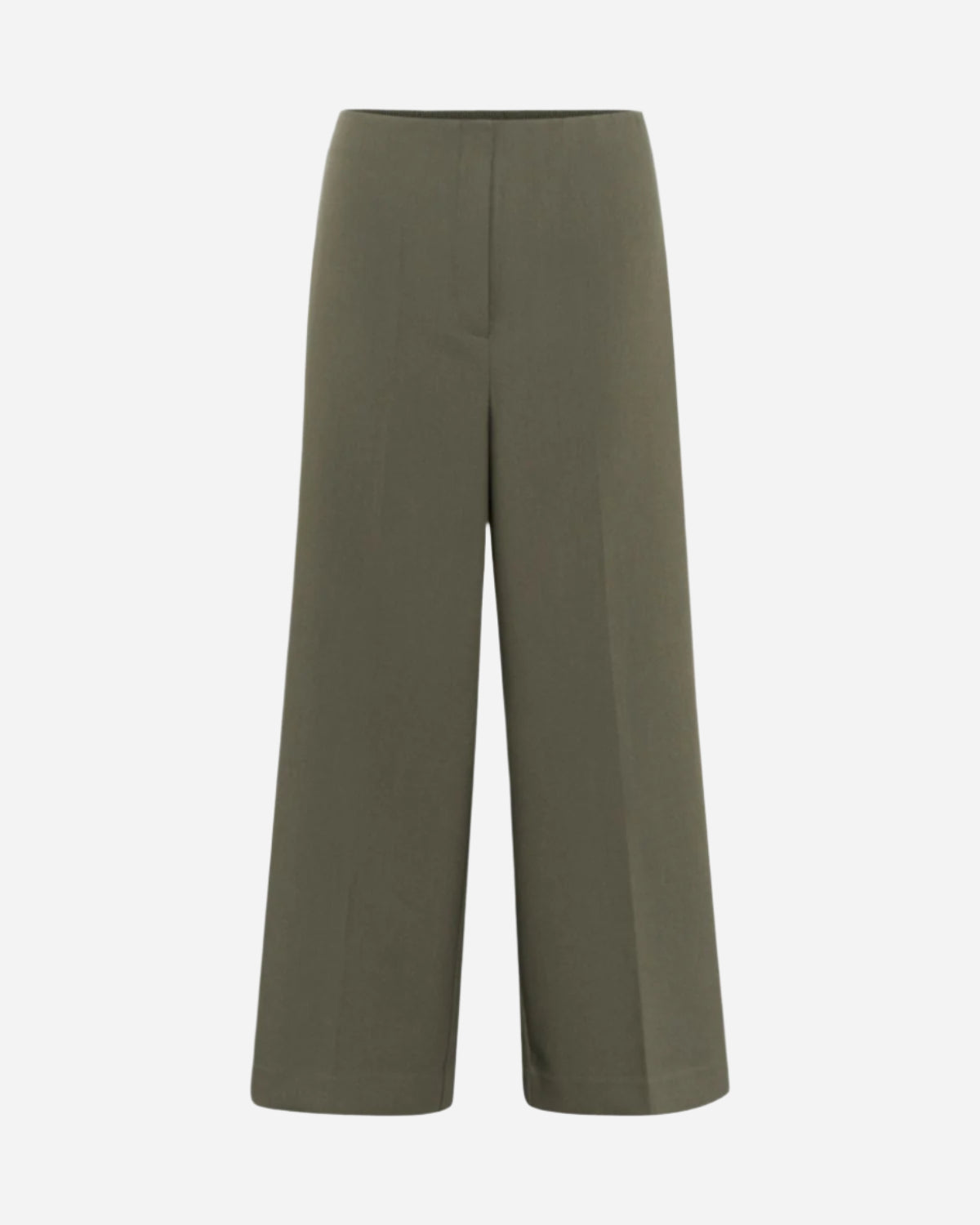 Khaki green wide leg cropped trousers with zip fastening