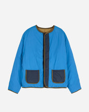 Blue jacket with two navy pockets on a white background