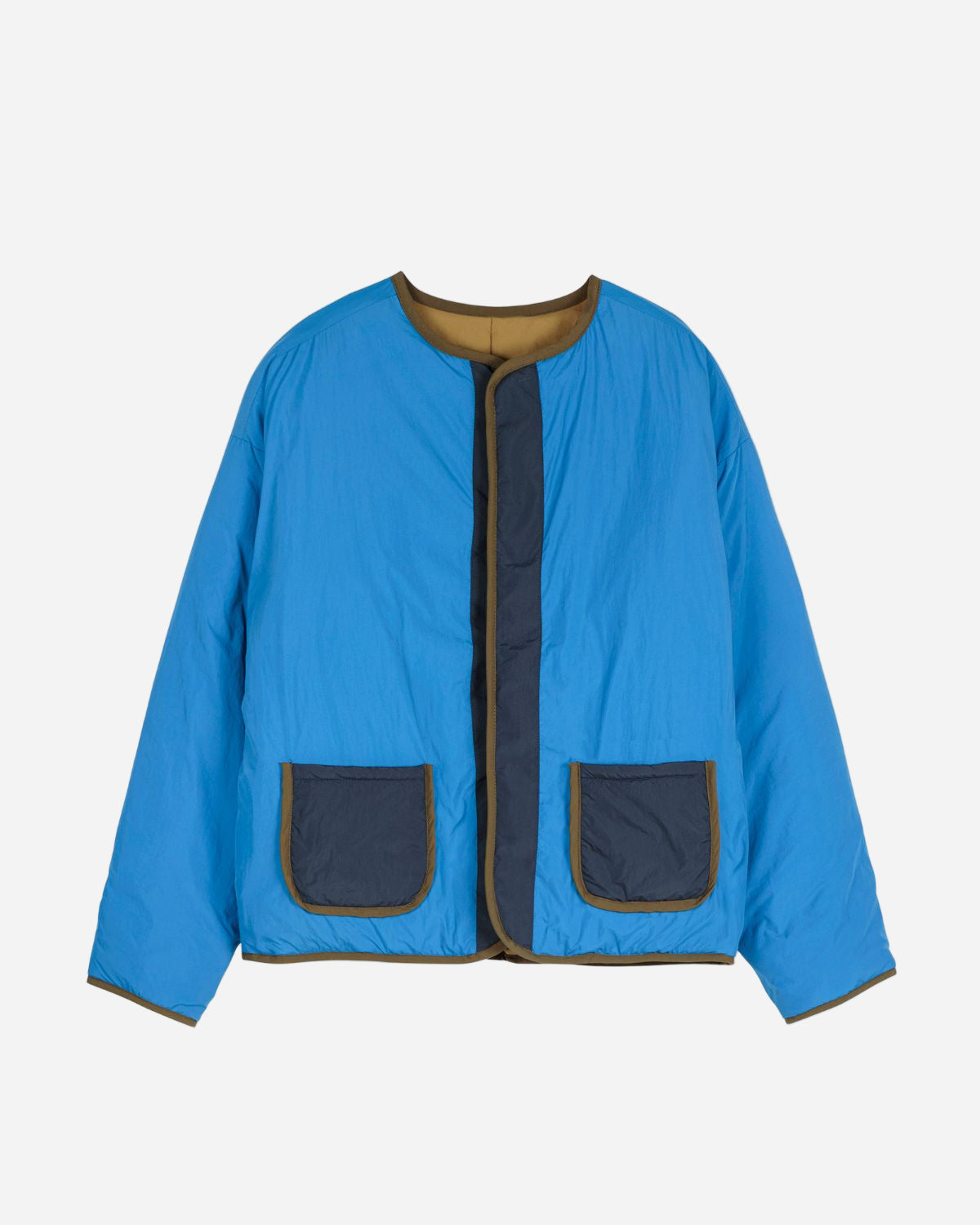 Blue jacket with two navy pockets on a white background