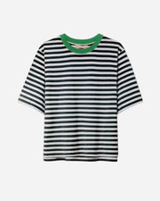 Black and white striped shirt with green collar on a light gray background
