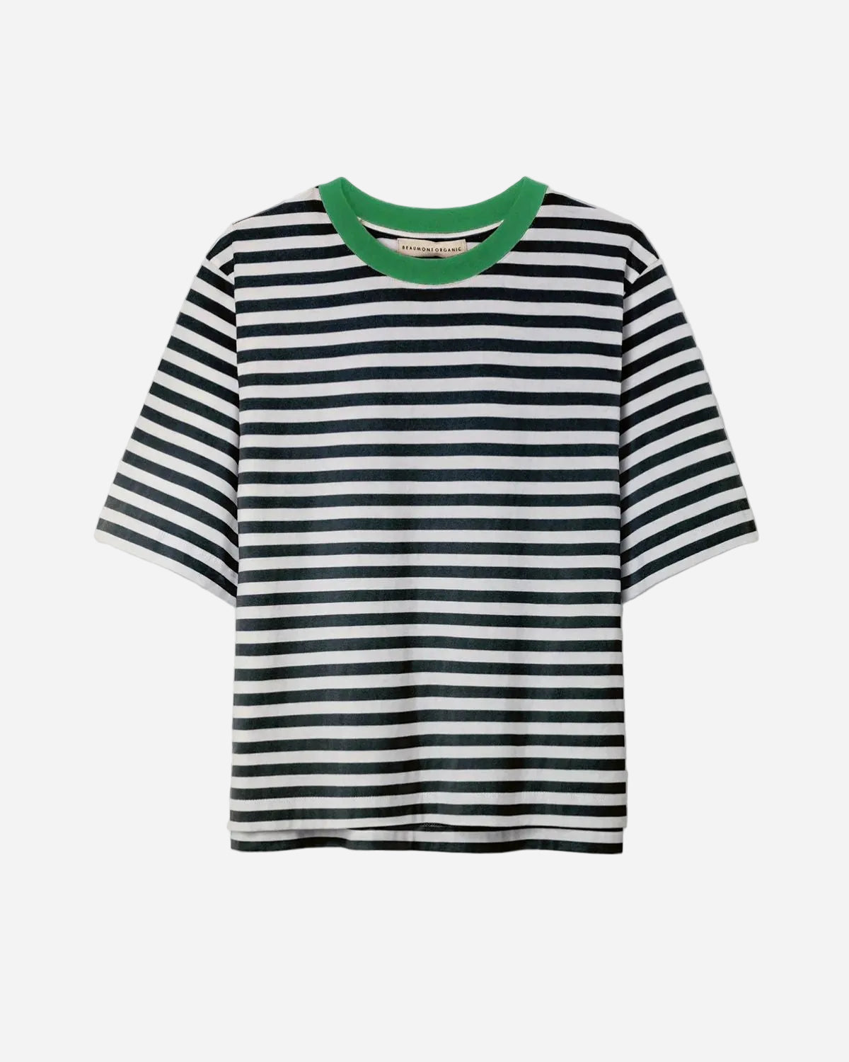 Black and white striped shirt with green collar on a light gray background