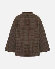 A brown and beige plaid jacket with a stand collar, three-quarter sleeves, and two front patch pockets, shown against a plain white background.