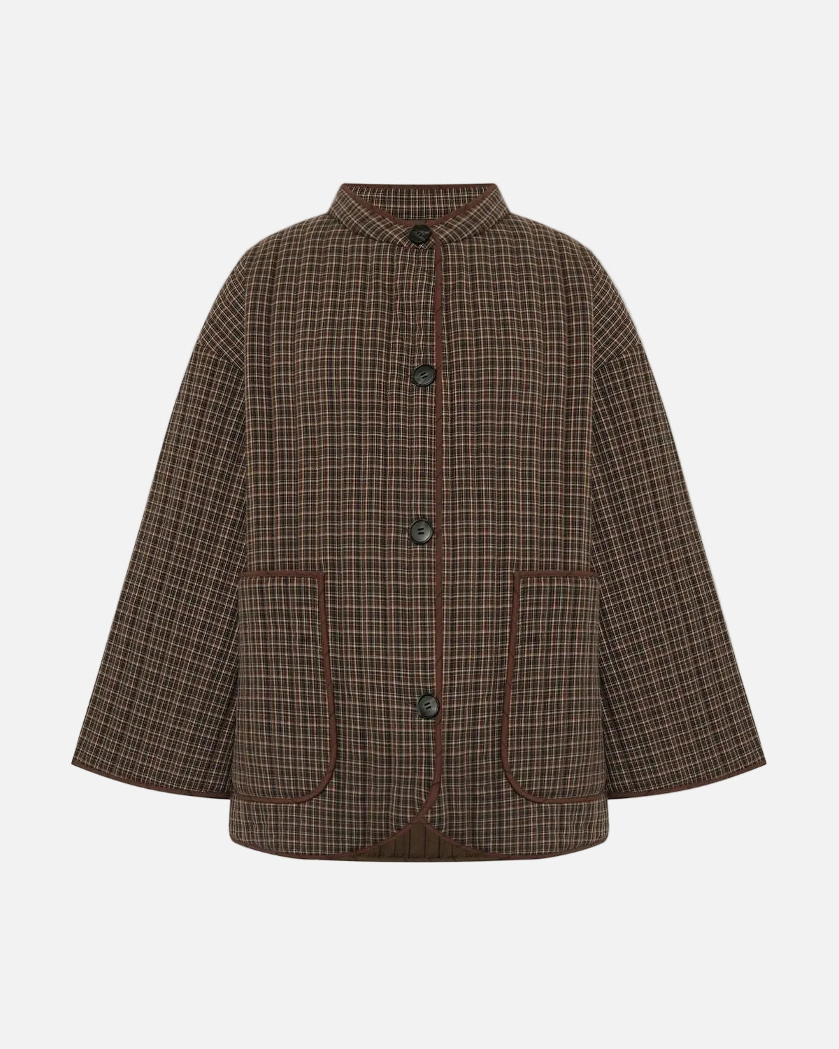 A brown and beige plaid jacket with a stand collar, three-quarter sleeves, and two front patch pockets, shown against a plain white background.