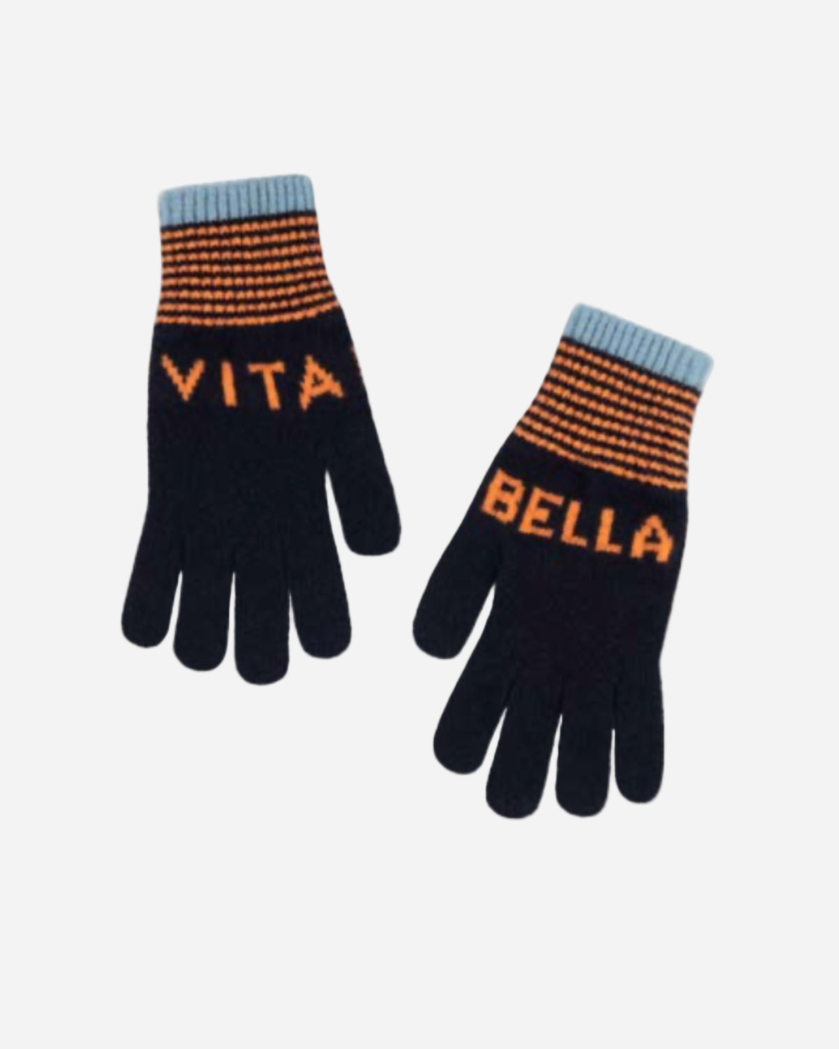 Pair of navy gloves with orange and blue accents, featuring 'Vita' and 'Bella' text on a white background.