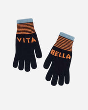 Pair of navy gloves with orange and blue accents, featuring 'Vita' and 'Bella' text on a white background.