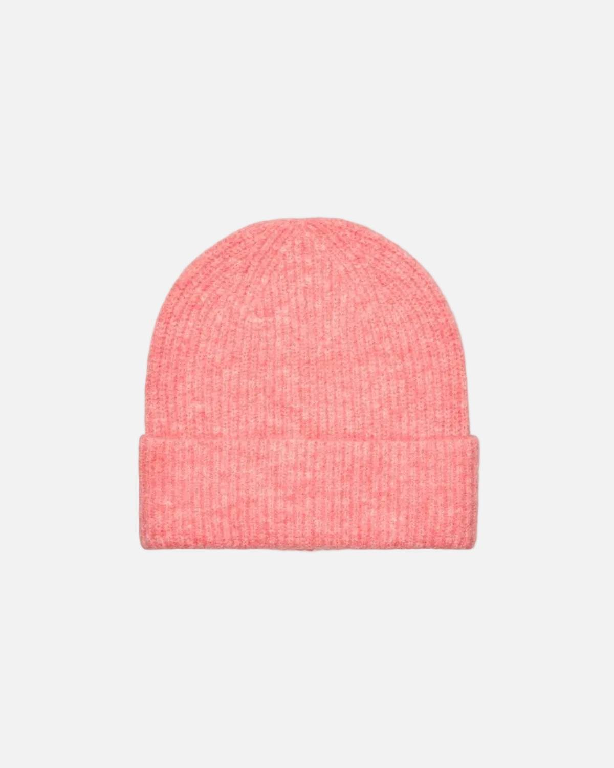 A coral pink ribbed knit beanie hat with a folded cuff, shown against a plain white background.
