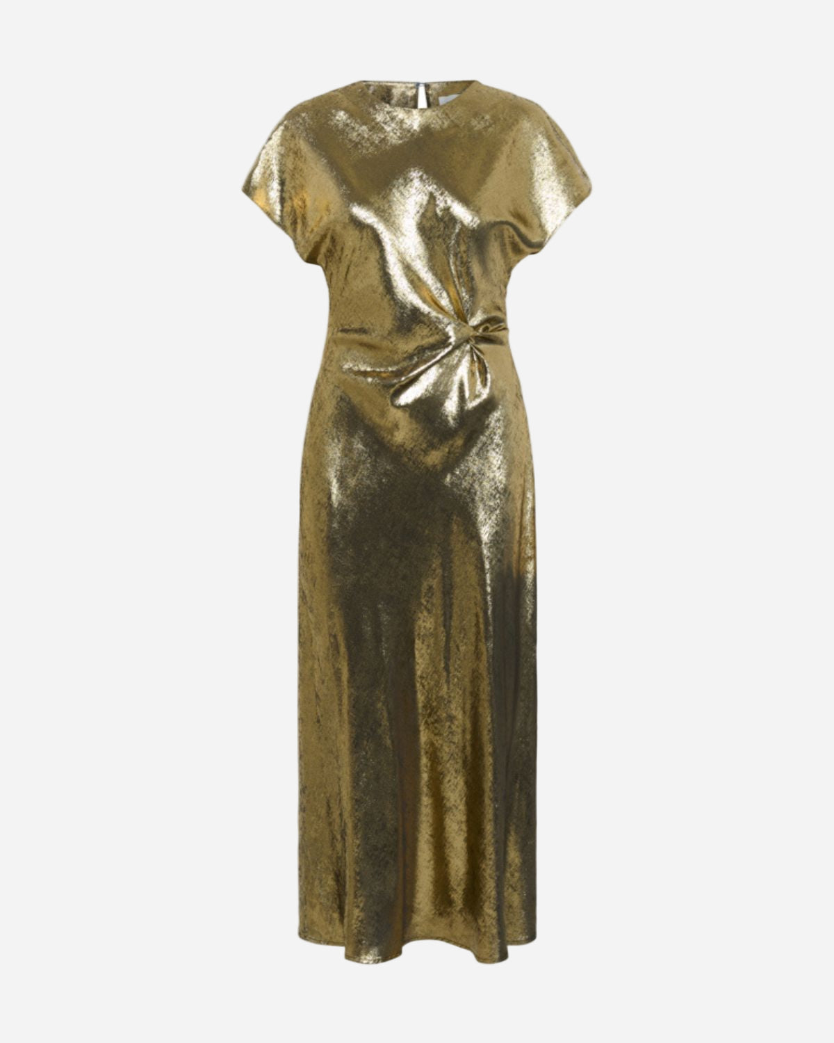 Gold metallic dress on a white background