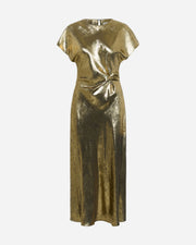 Gold metallic dress on a white background