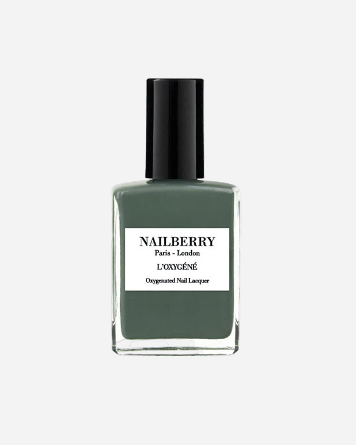 Green nail polish bottle with black cap on a white background