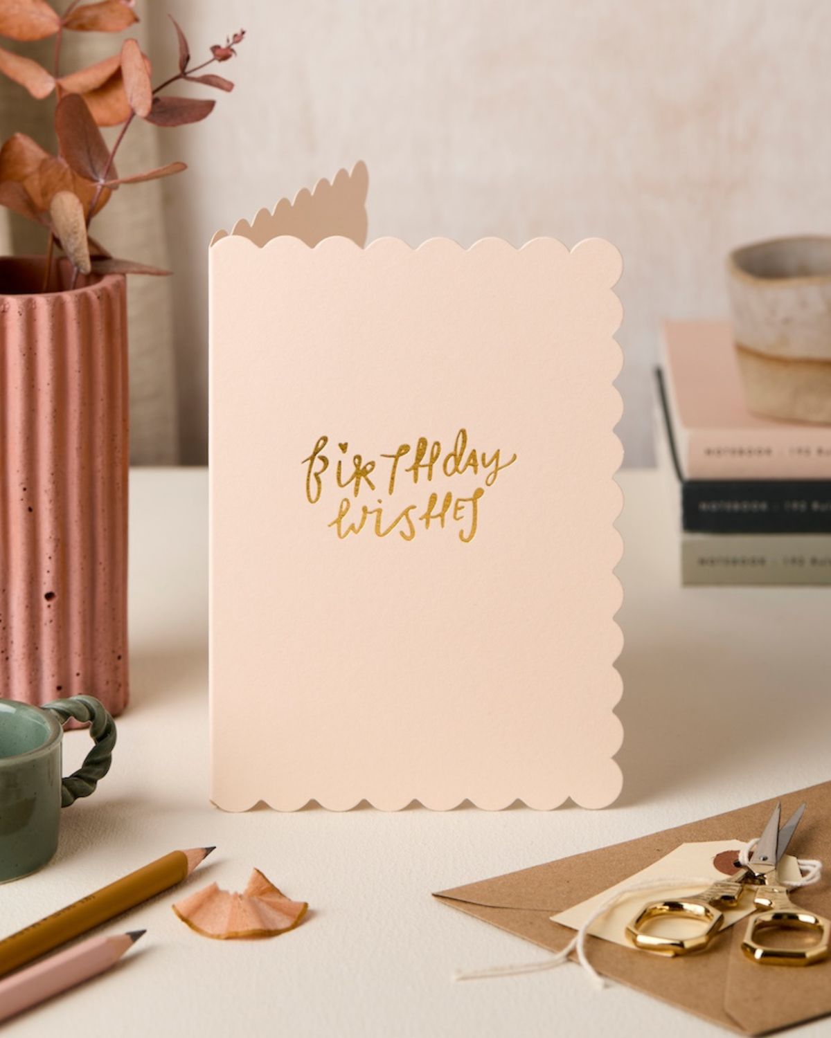 Pink scallop edge card with Birthday Wishes embossed in gold