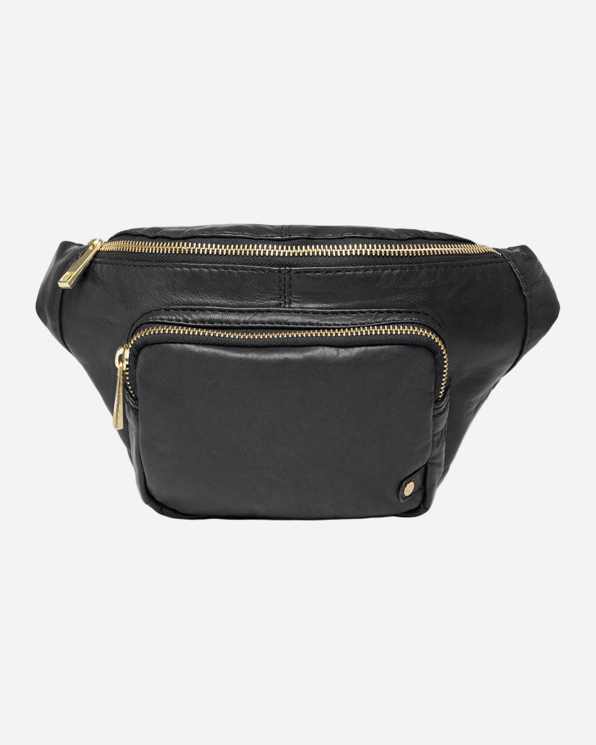 Black waist bag with gold zippers on a white background