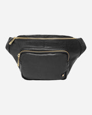 Black waist bag with gold zippers on a white background