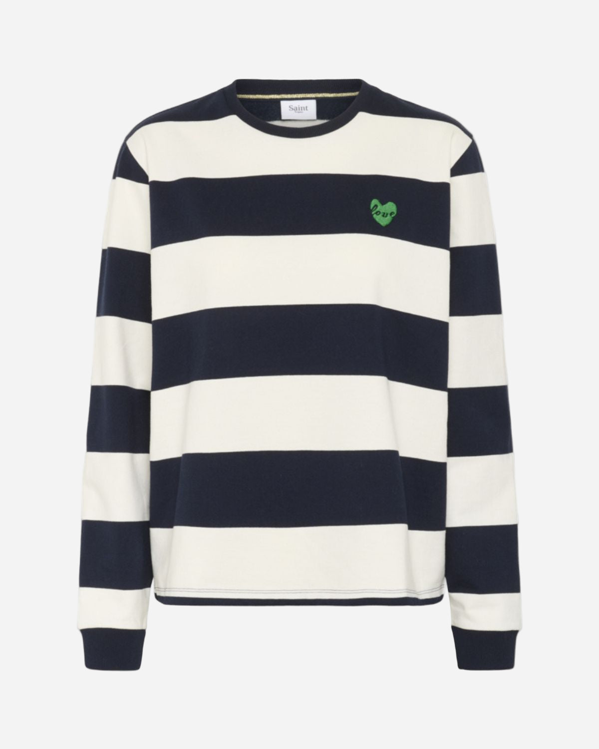Navy and white striped sweater with a green heart logo on a white background