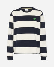 Navy and white striped sweater with a green heart logo on a white background