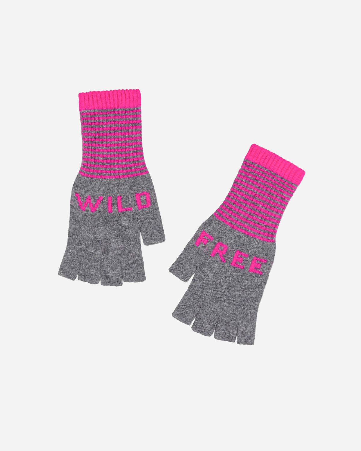 Pair of gray and pink gloves with 'Wild Free' text on a white background