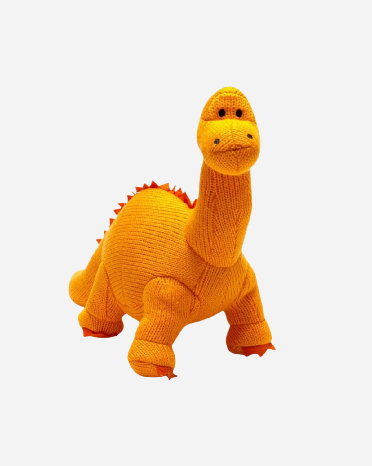 Orange dinosaur-shaped plush toy on a white background