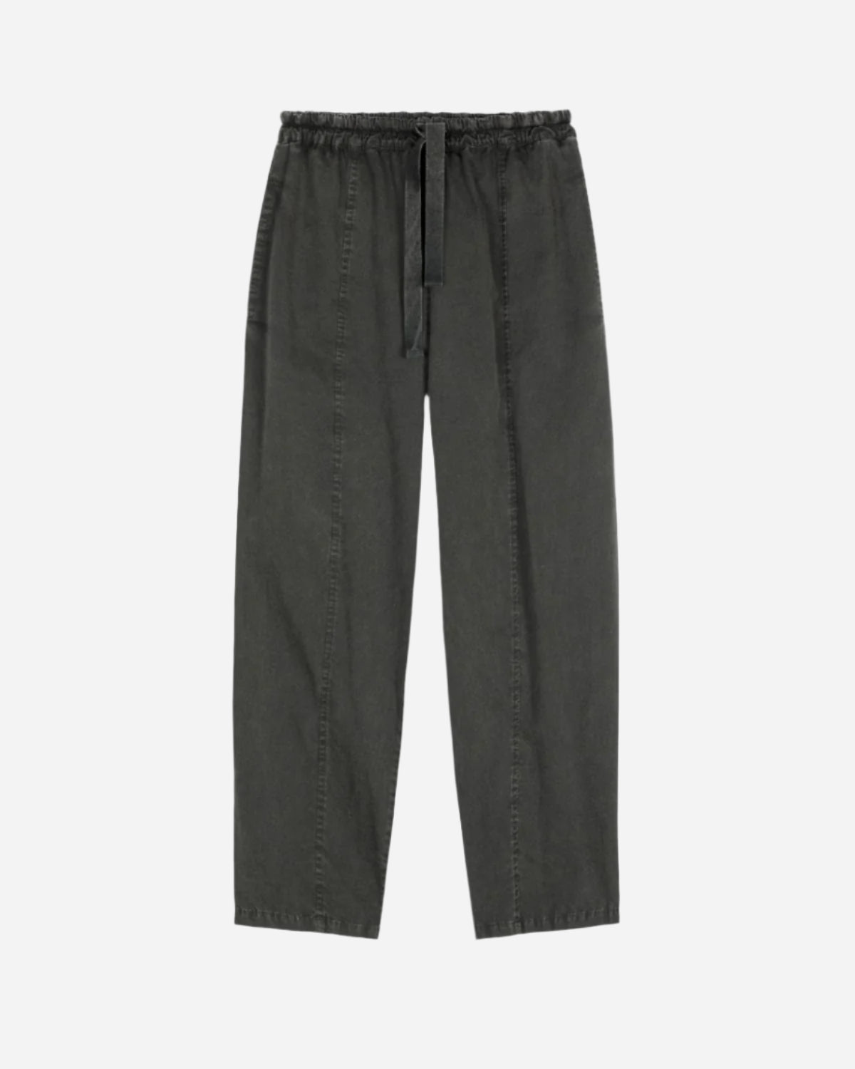 Dark gray pants with a drawstring on a white background
