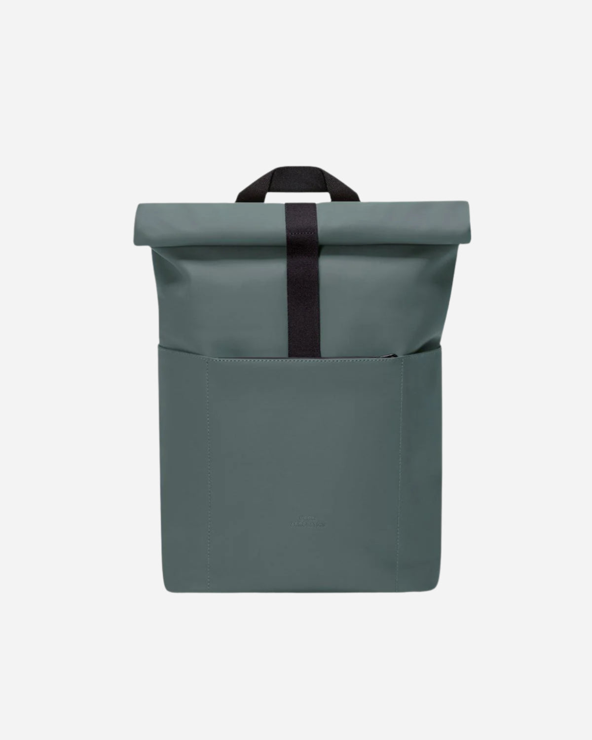 Dark green rolltop backpack with black carry handle and fastening