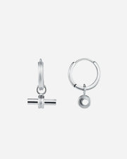 Pair of silver hoop earrings with small t-bar charms on a white background