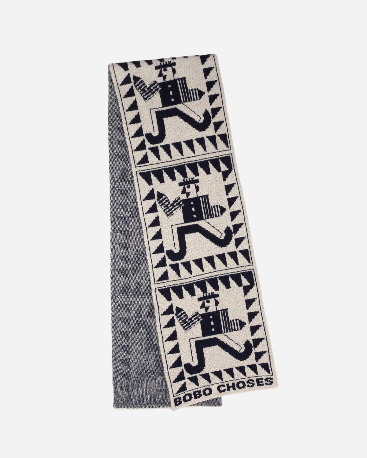 Scarf with geometric pattern and 'Bobo Choses' branding on a white background