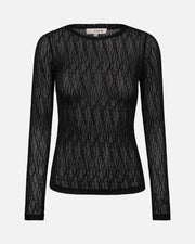 A black sheer lace long-sleeve top with an intricate wavy pattern, displayed on a clean white background.