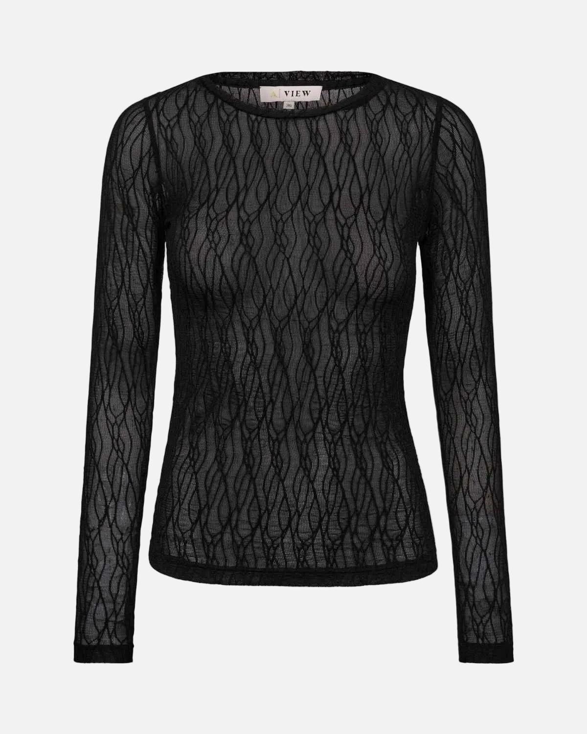 A black sheer lace long-sleeve top with an intricate wavy pattern, displayed on a clean white background.