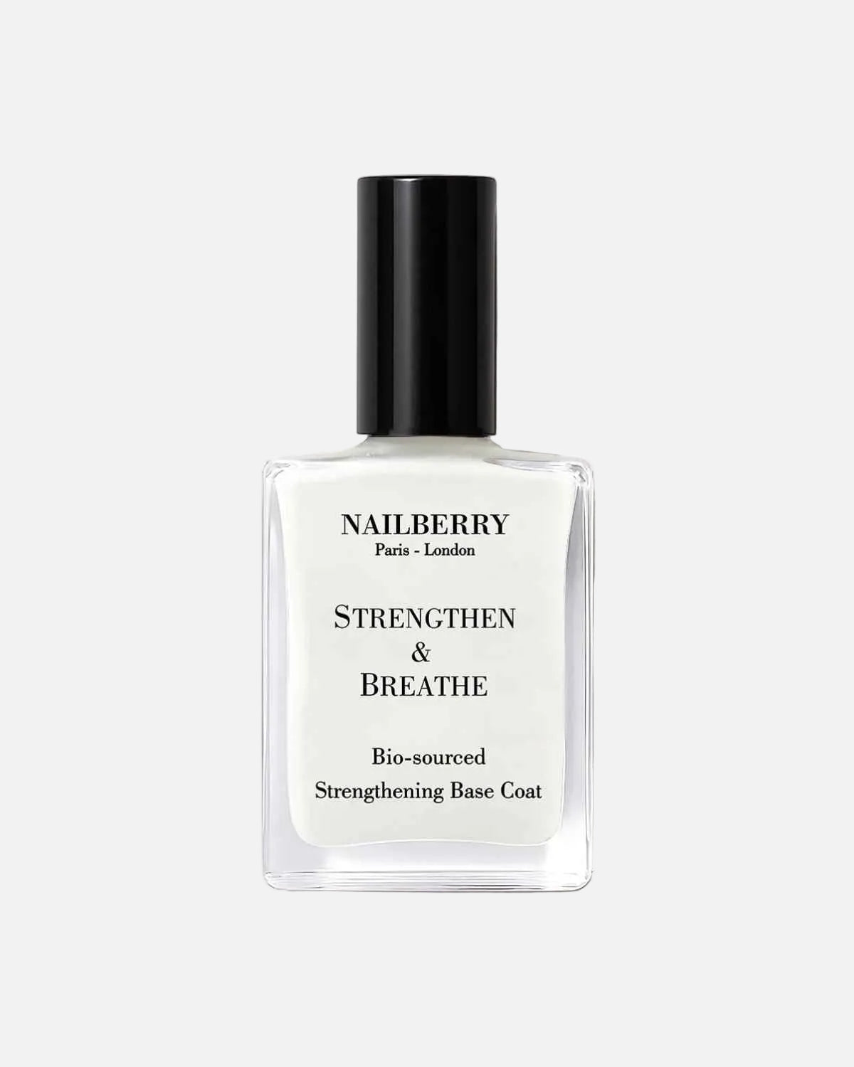 Nailberry Strengthen & Breathe Bio-sourced Strengthening Base Coat in a clear glass bottle with a black cap, set against a very pale pink background.