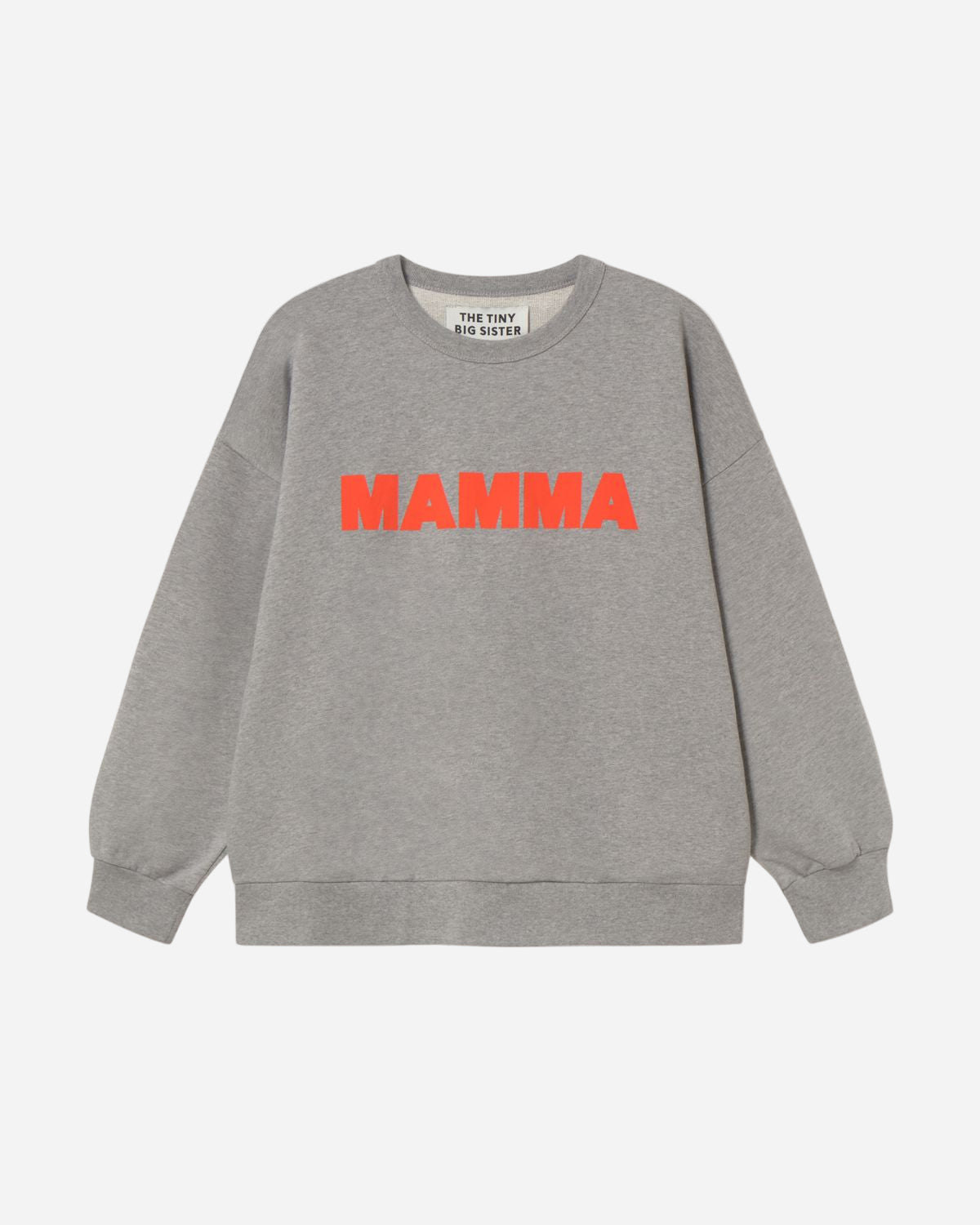 Gray sweatshirt with 'MAMMA' in red text on a white background