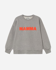 Gray sweatshirt with 'MAMMA' in red text on a white background