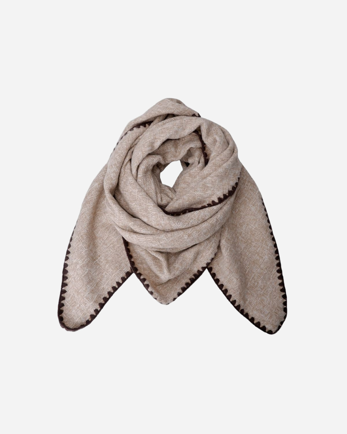 Beige scarf with black trim on a white background