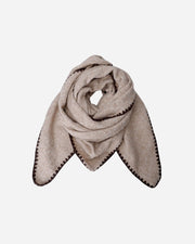 Beige scarf with black trim on a white background