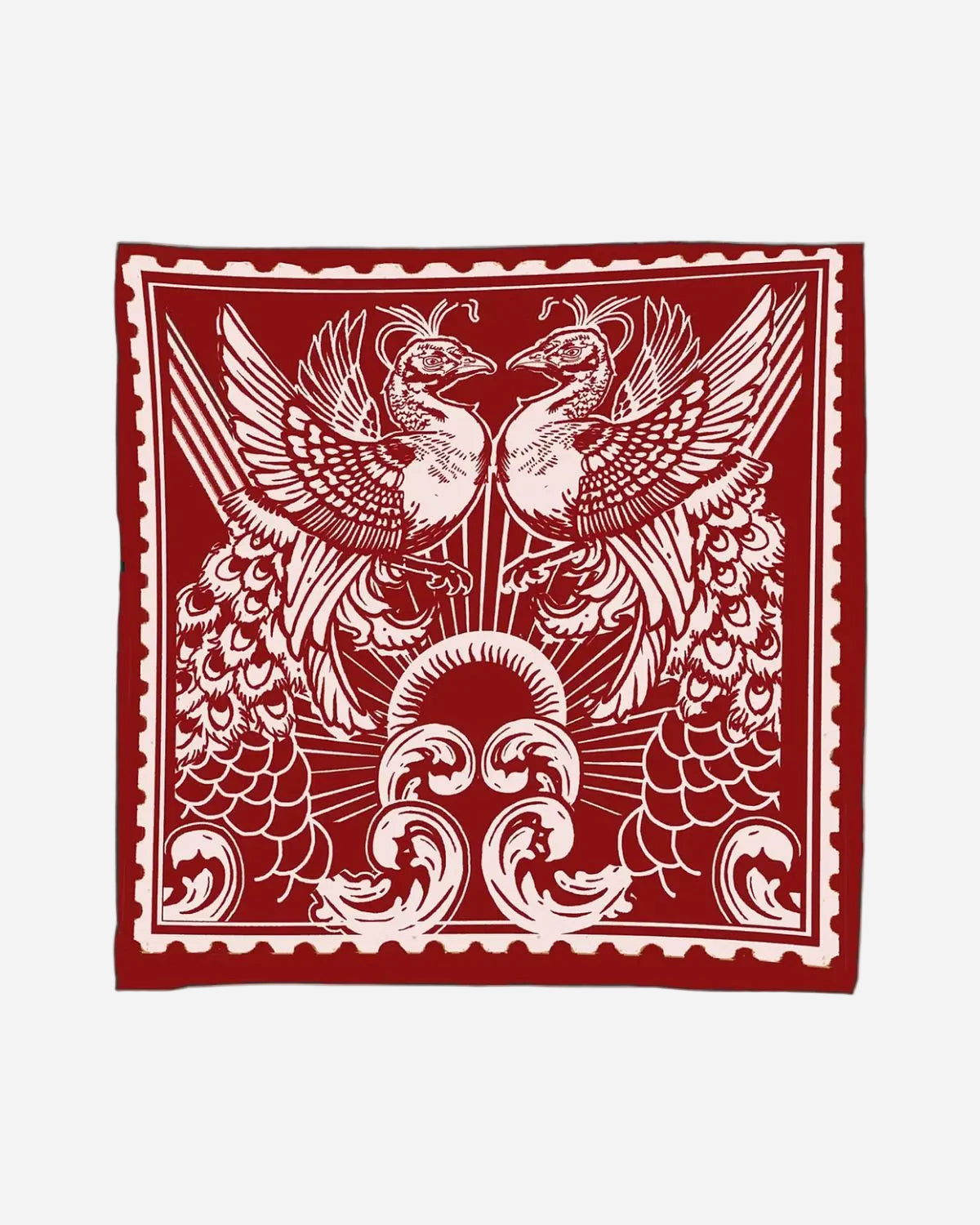 Red bandana with white peacock design on a white background