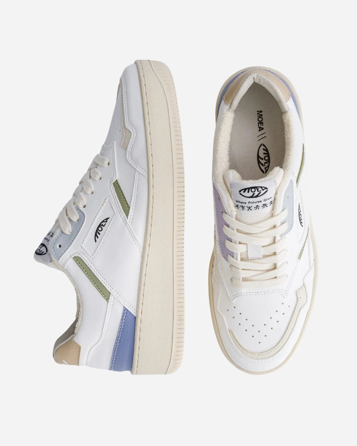 Pair of white sneakers with colorful accents on a white background