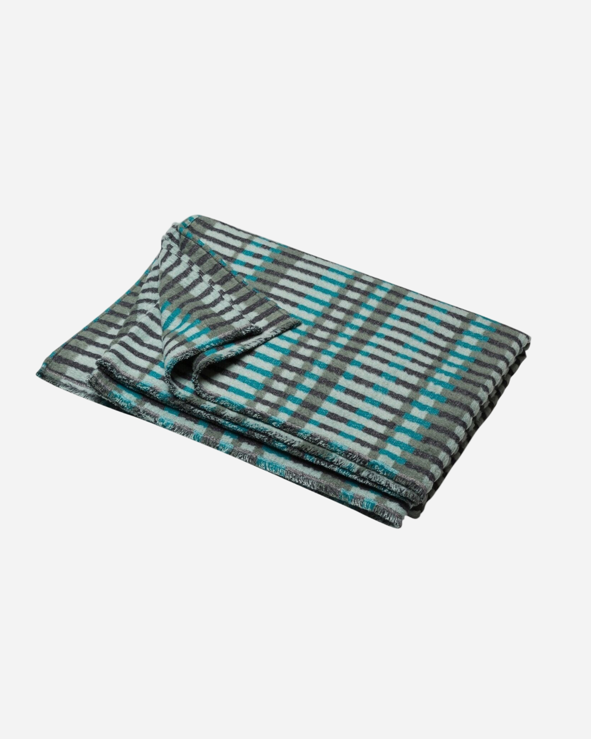 Folded blanket with blue and gray stripes on a white background