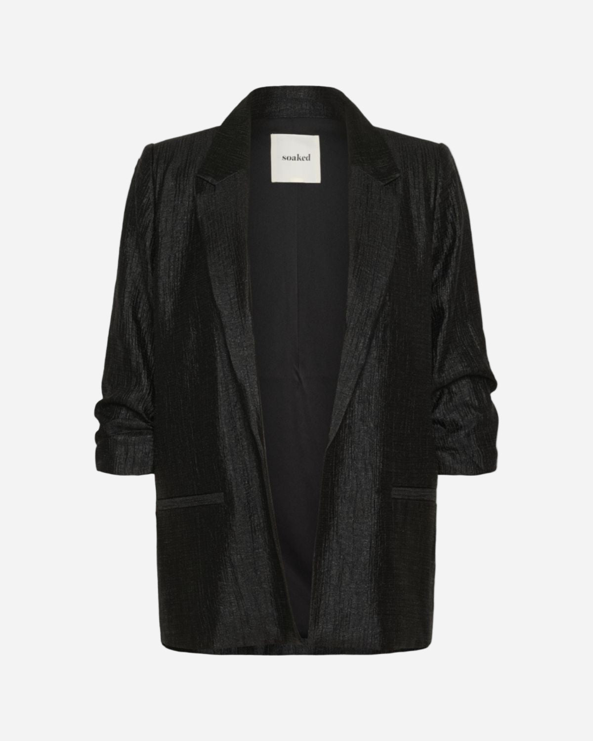 Black blazer with a brand label on a white background