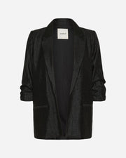 Black blazer with a brand label on a white background