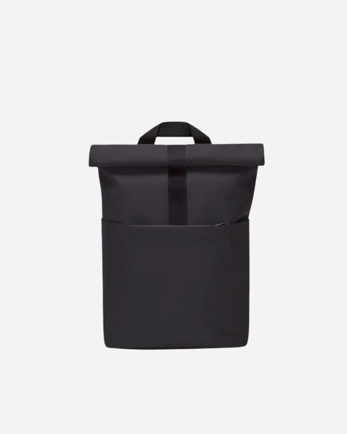 Black backpack with black carry handle and fastening