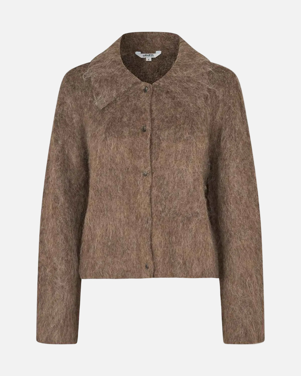 A cropped brown textured knit cardigan with a notched lapel collar and front button closure, shown on a plain white background.