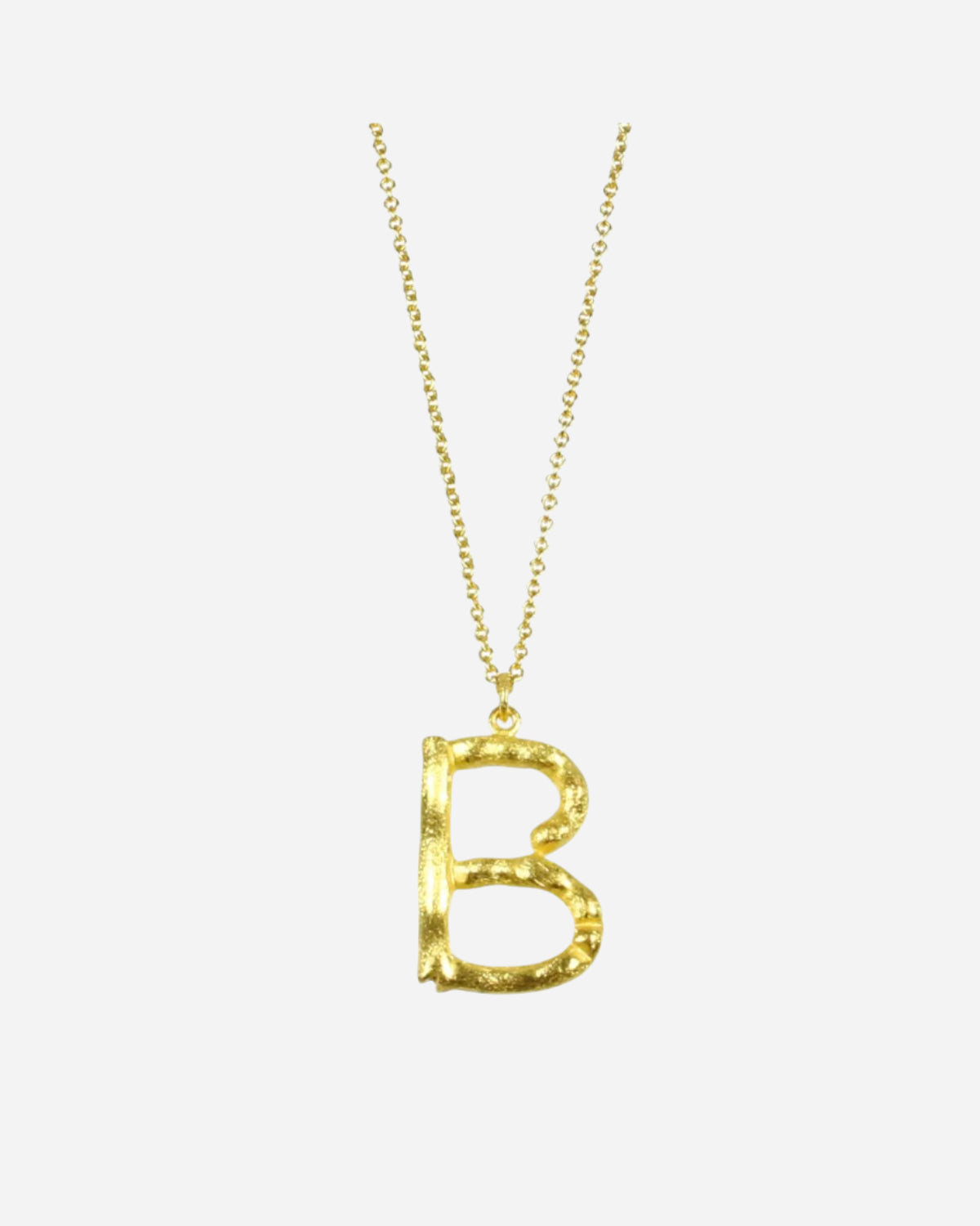 Gold necklace with a letter 'B' pendant on a white background