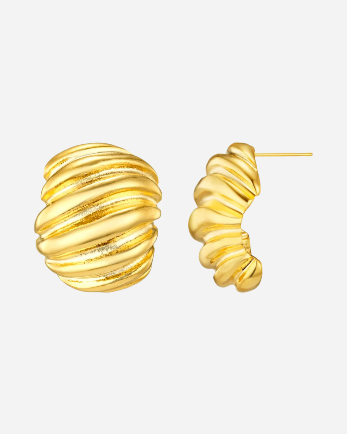 Gold textured twist effect earrings on a white background