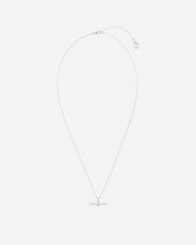 Silver necklace with a small pendant on a white background