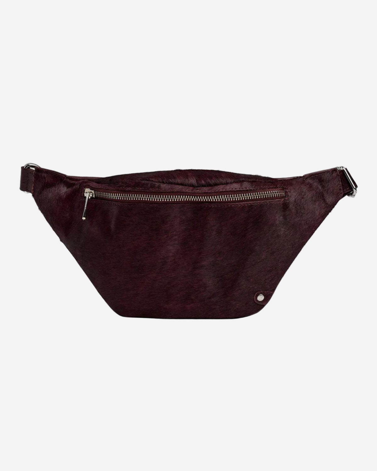 OX BLOOD waist bag with a silver zipper on a white background