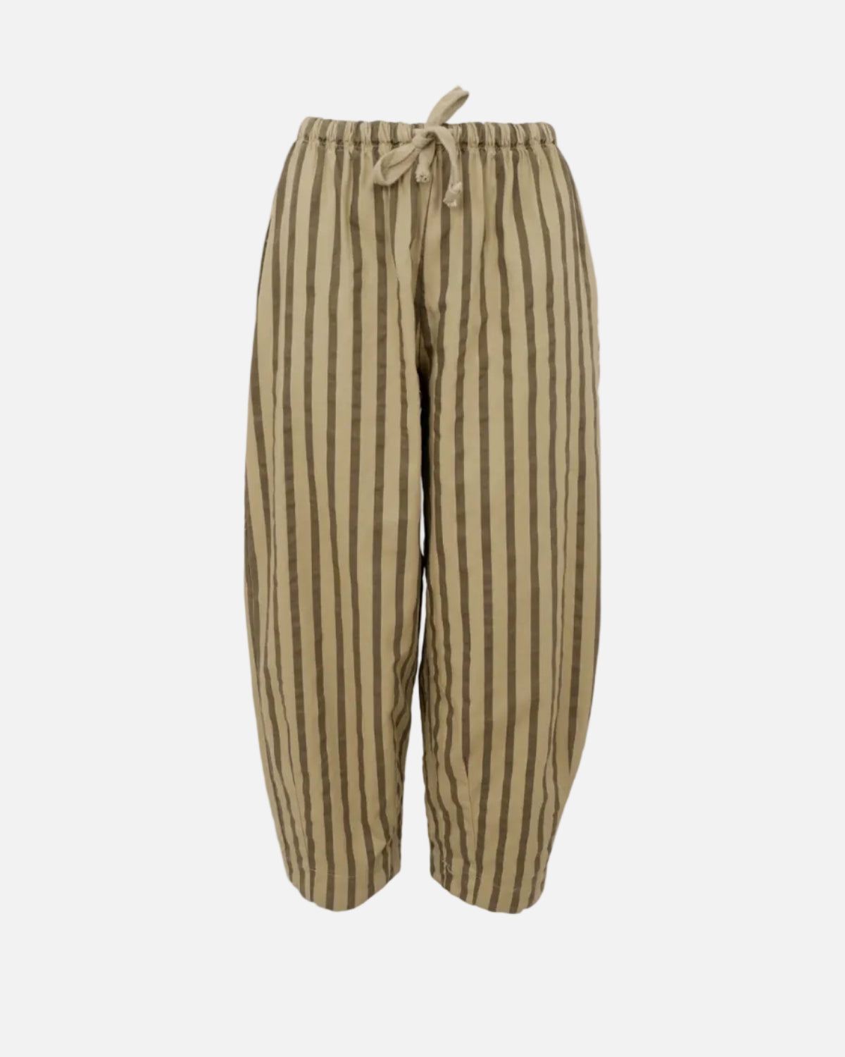 A pair of loose-fitting trousers with vertical stripes in beige and brown, featuring an elastic drawstring waistband, shown against a plain white background.