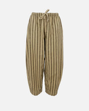 A pair of loose-fitting trousers with vertical stripes in beige and brown, featuring an elastic drawstring waistband, shown against a plain white background.