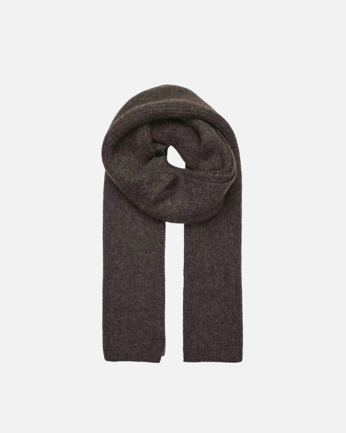 A dark brown knit scarf, neatly folded and looped to show its soft texture, presented on a clean white background.