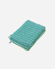 Green checkered pouch with a brand tag on a white background