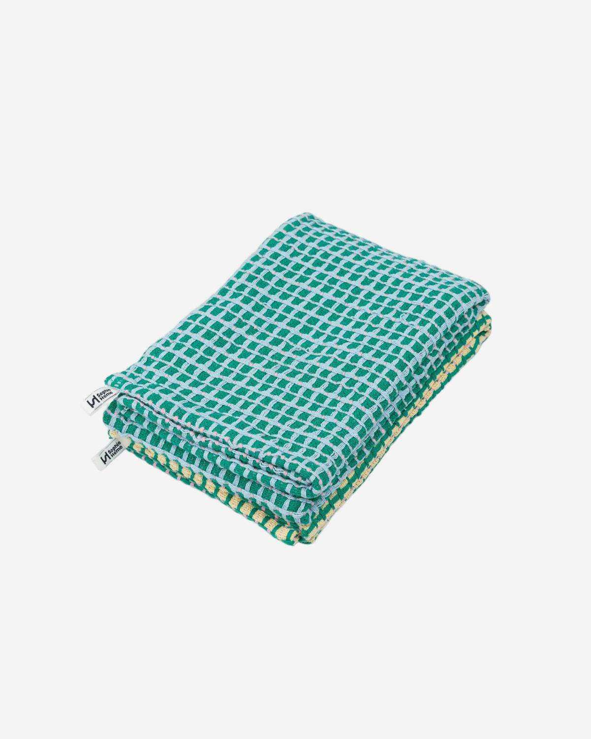 Green checkered pouch with a brand tag on a white background