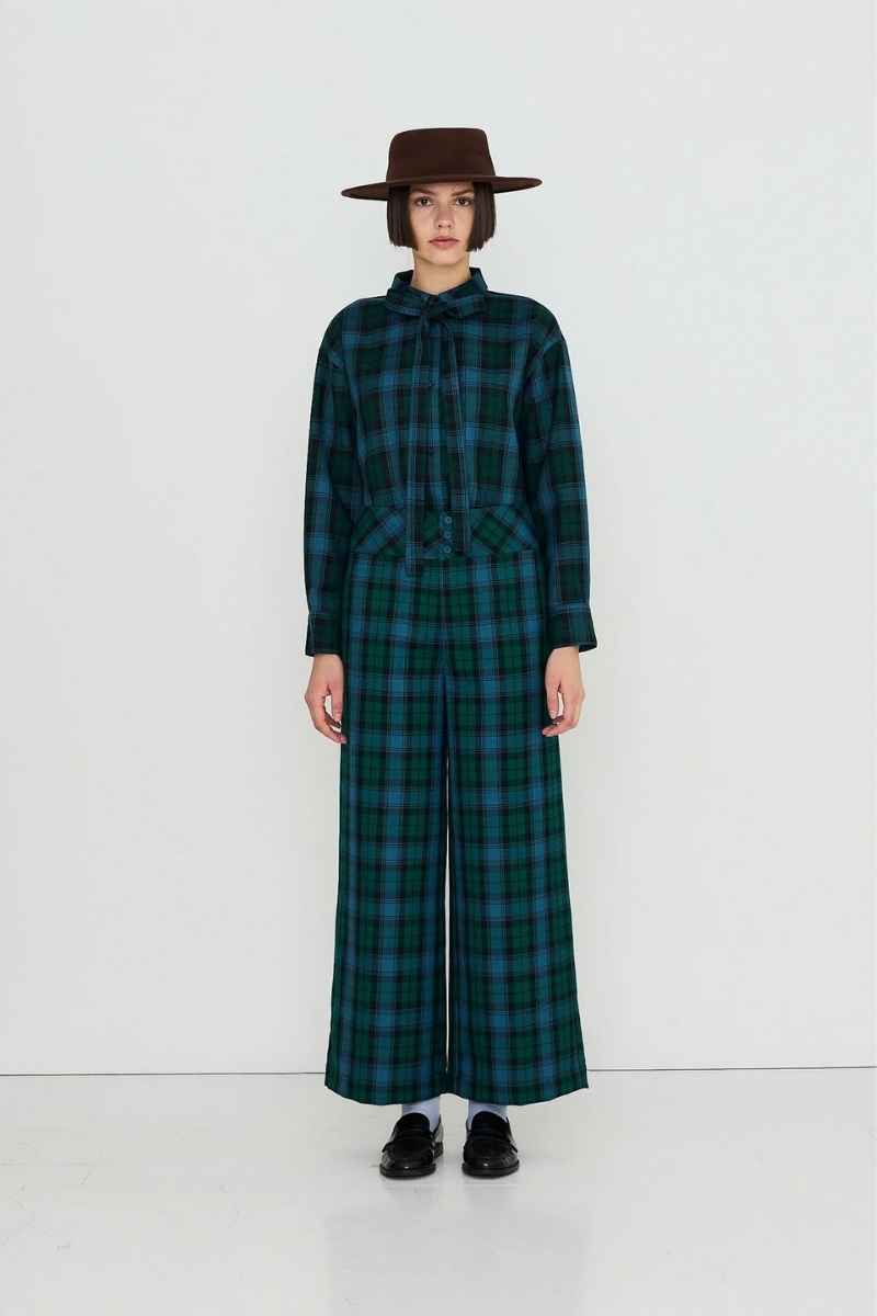 CHECK BOW NECK SHIRT DARK GREEN