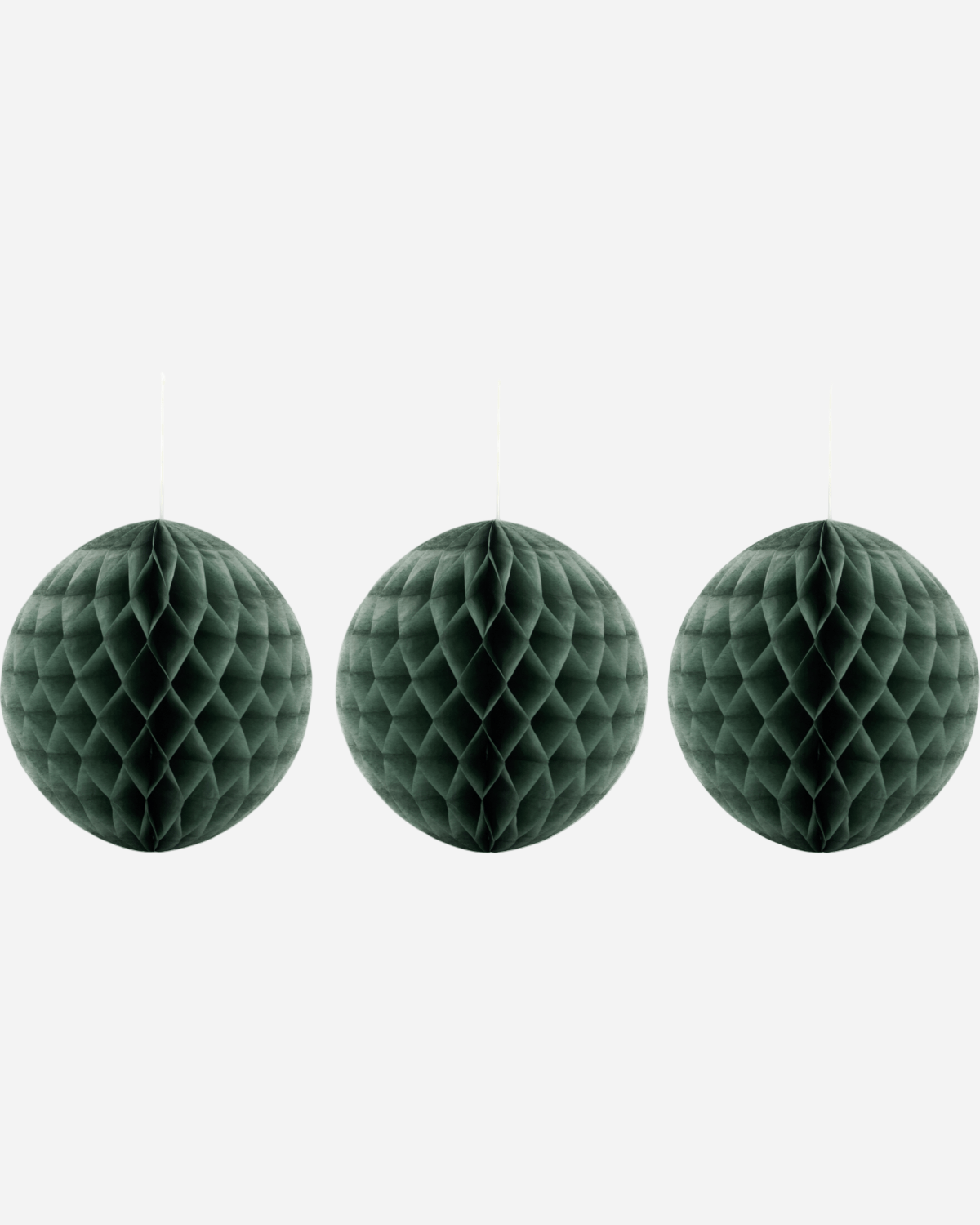 Three green honeycomb balls on a white background